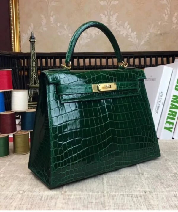 Hermes Kelly Bag 32 Crocodile leather Green - Image 9